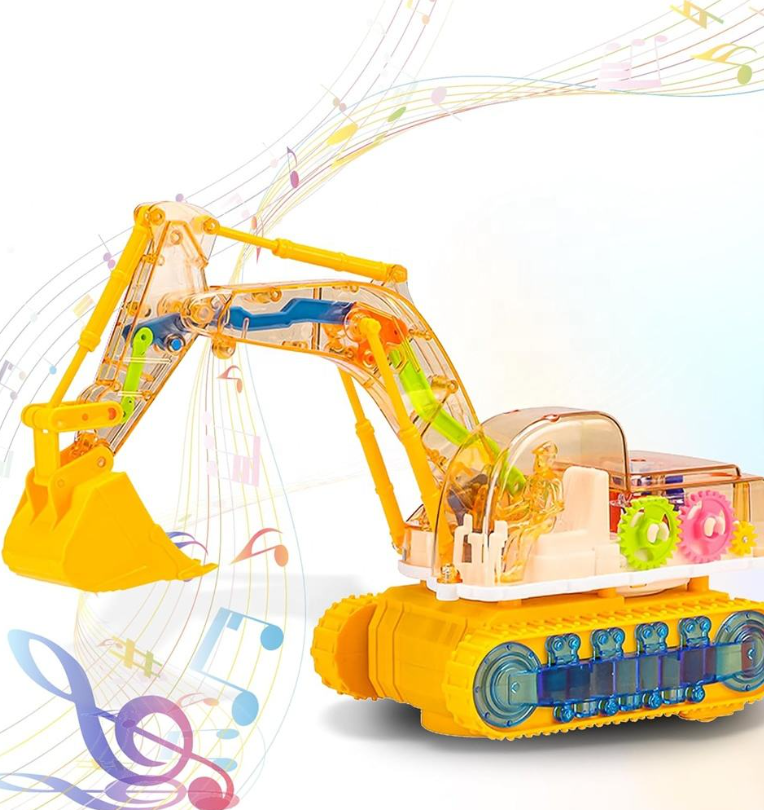 Children's Electric Plastic Toy Vehicle with Lights and Sound — Transparent, Omni-Directional, Inertia-Driven Gear Excavator