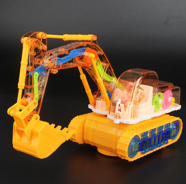Children's Electric Plastic Toy Vehicle with Lights and Sound — Transparent, Omni-Directional, Inertia-Driven Gear Excavator