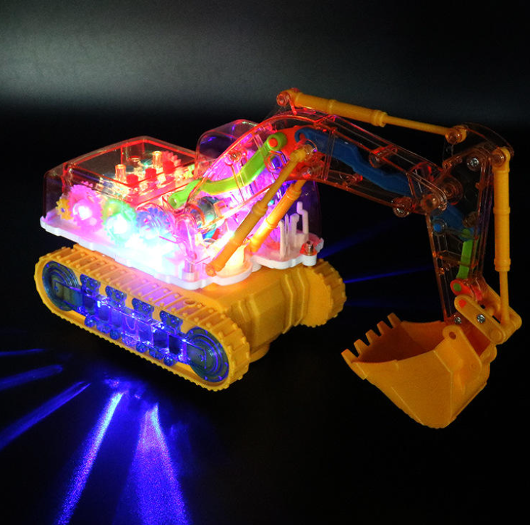 Children's Electric Plastic Toy Vehicle with Lights and Sound — Transparent, Omni-Directional, Inertia-Driven Gear Excavator