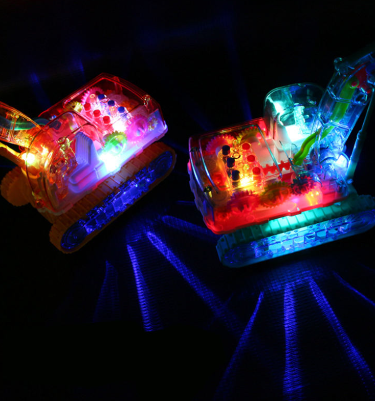 Children's Electric Plastic Toy Vehicle with Lights and Sound — Transparent, Omni-Directional, Inertia-Driven Gear Excavator
